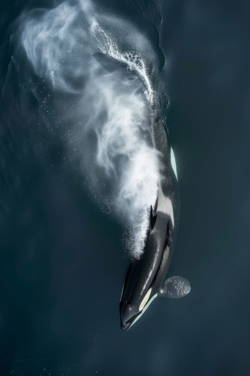 Fotografie Poster Orca Wasserstrahl dynamisch schwarz-weiß