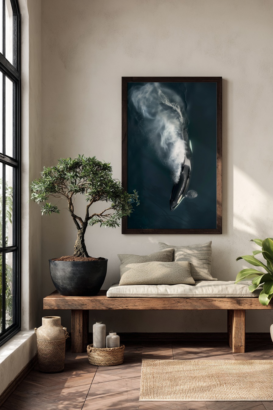 Fotografie Poster Orca Wasserstrahl dynamisch schwarz-weiß
