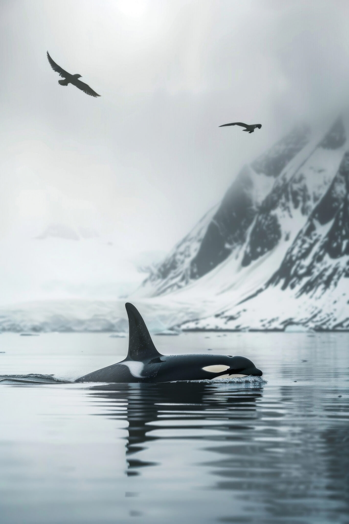 Fotografie Poster Orcas ruhiges Wasser Bergnebel