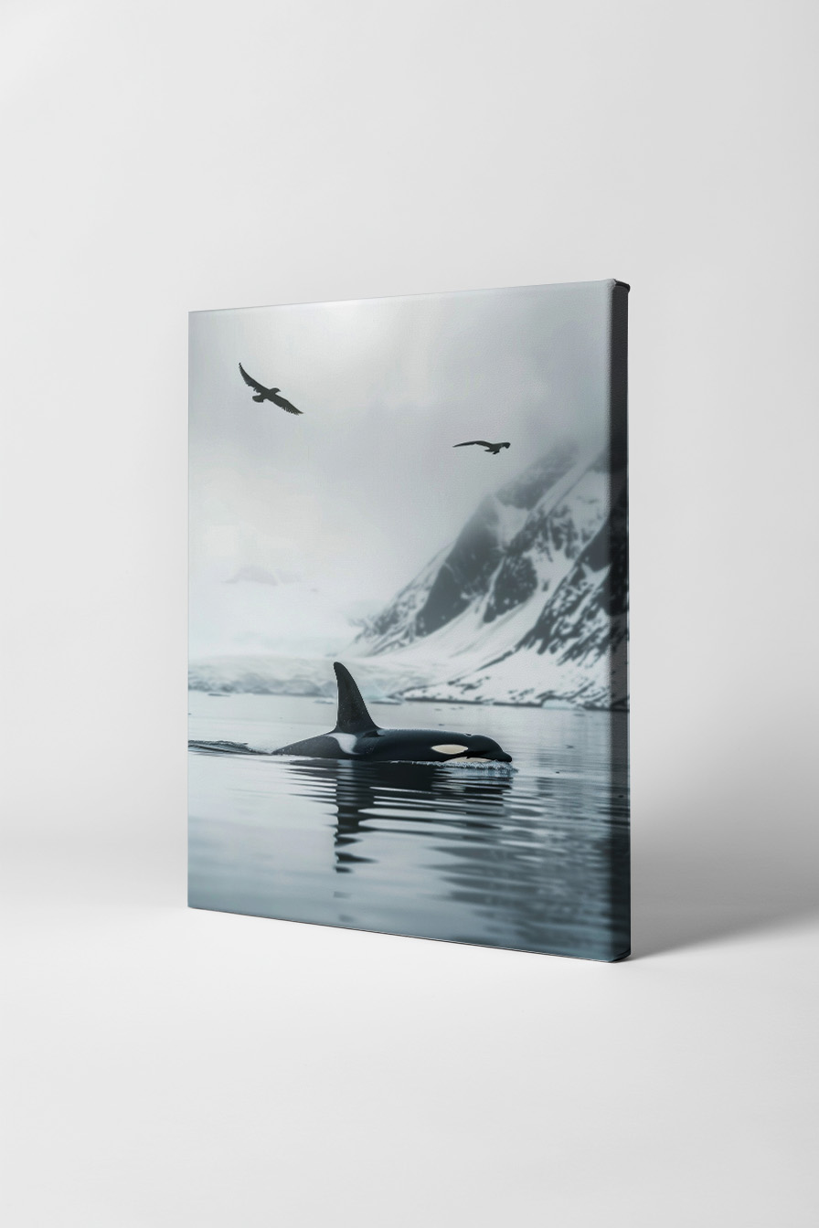 Fotografie Poster Orcas ruhiges Wasser Bergnebel