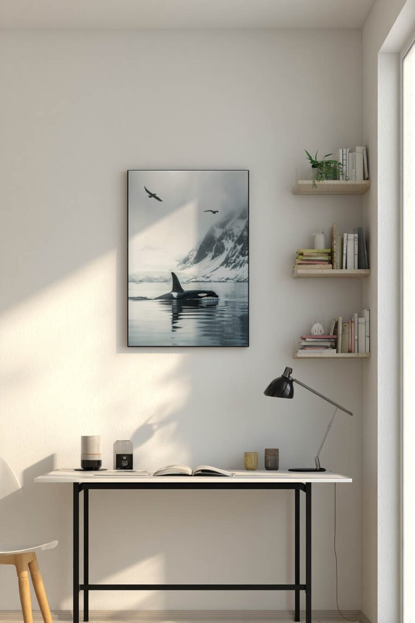 Fotografie Poster Orcas ruhiges Wasser Bergnebel