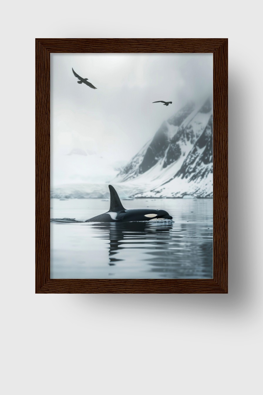Fotografie Poster Orcas ruhiges Wasser Bergnebel