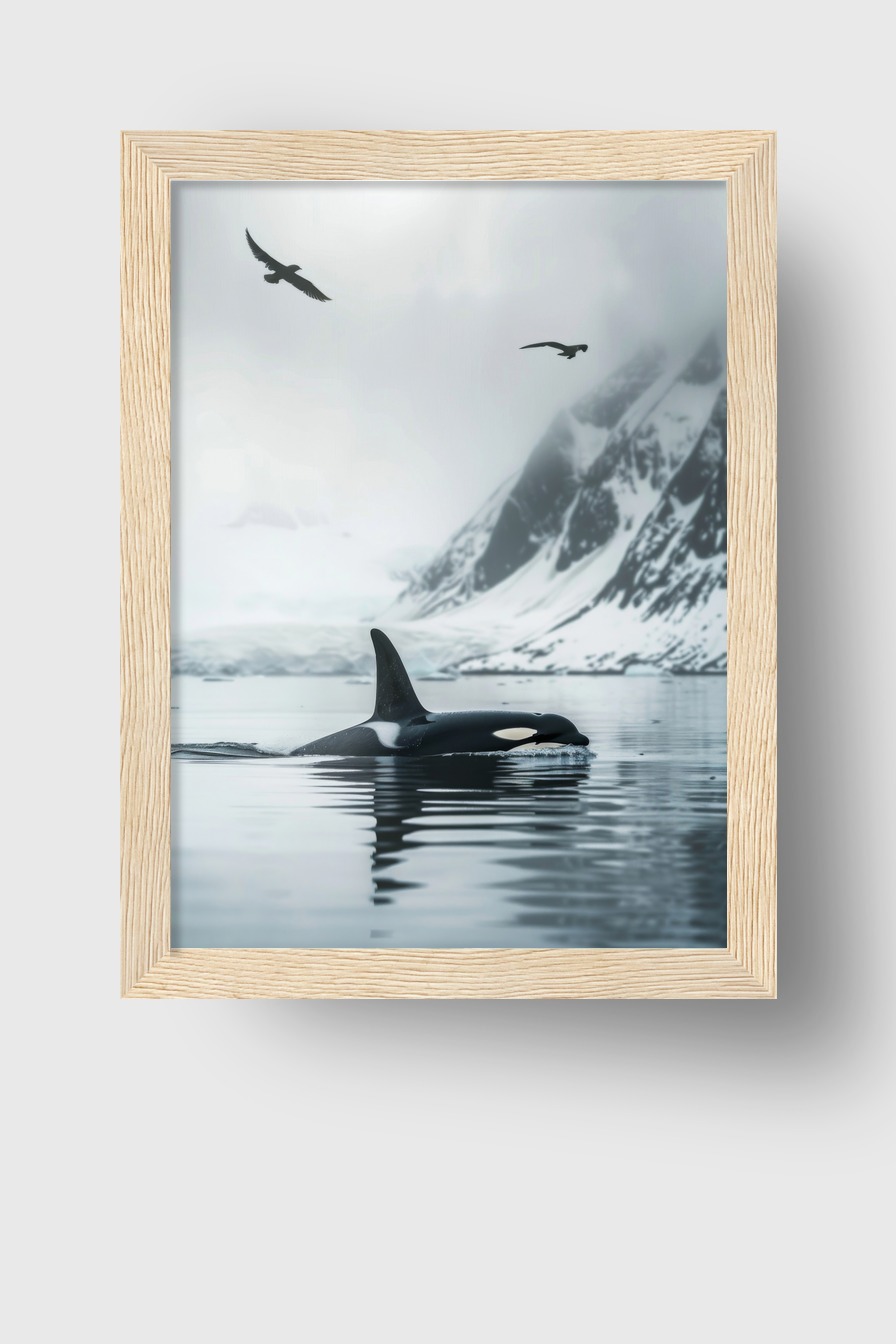 Fotografie Poster Orcas ruhiges Wasser Bergnebel