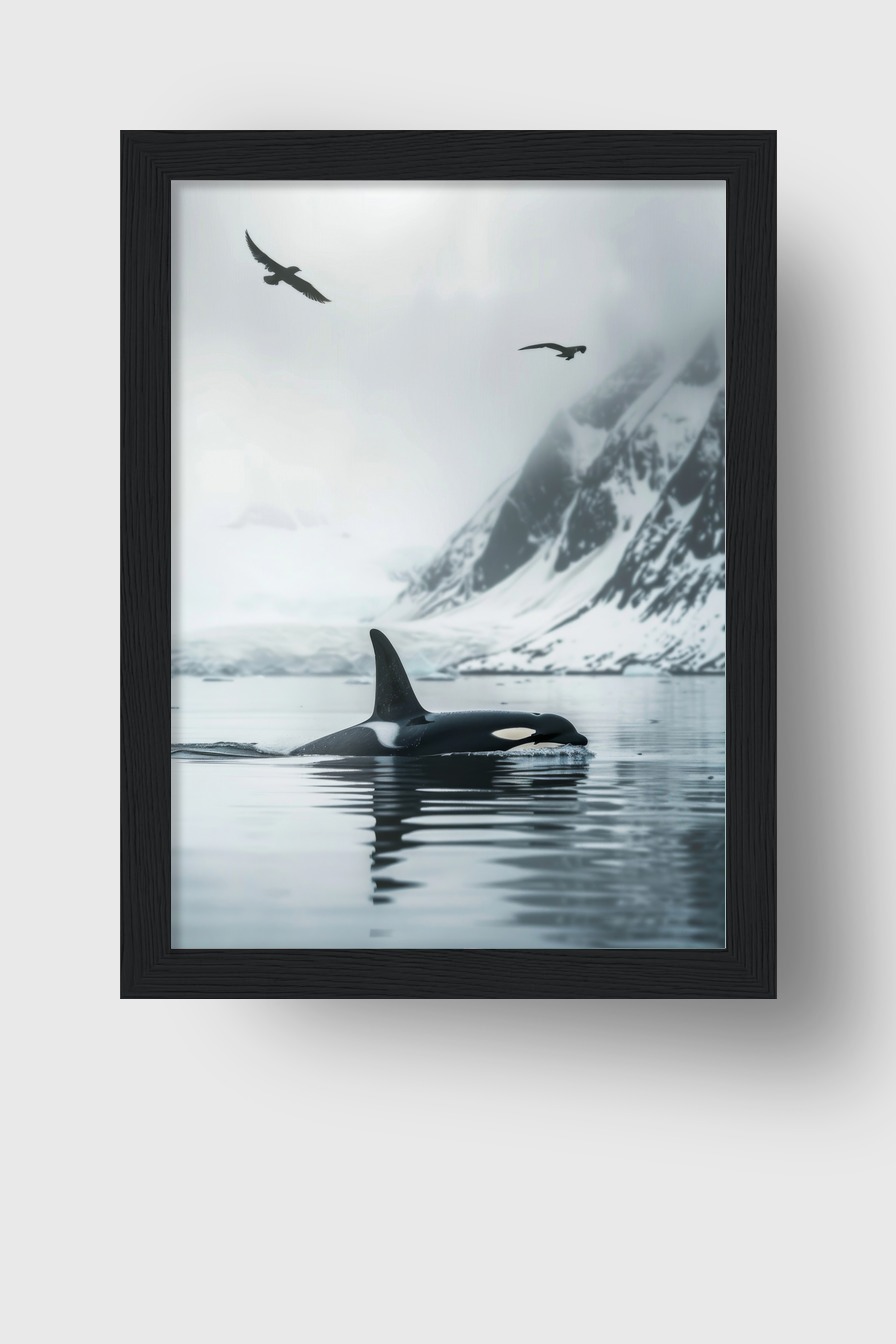 Fotografie Poster Orcas ruhiges Wasser Bergnebel