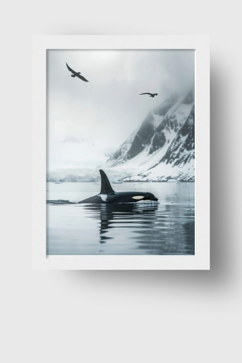 Fotografie Poster Orcas ruhiges Wasser Bergnebel