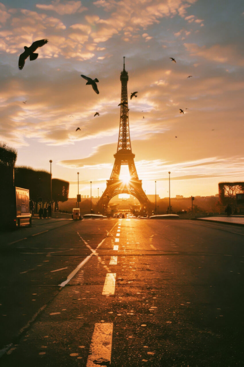 Fotografie Poster Eiffelturm Sonne orange Licht Stadt