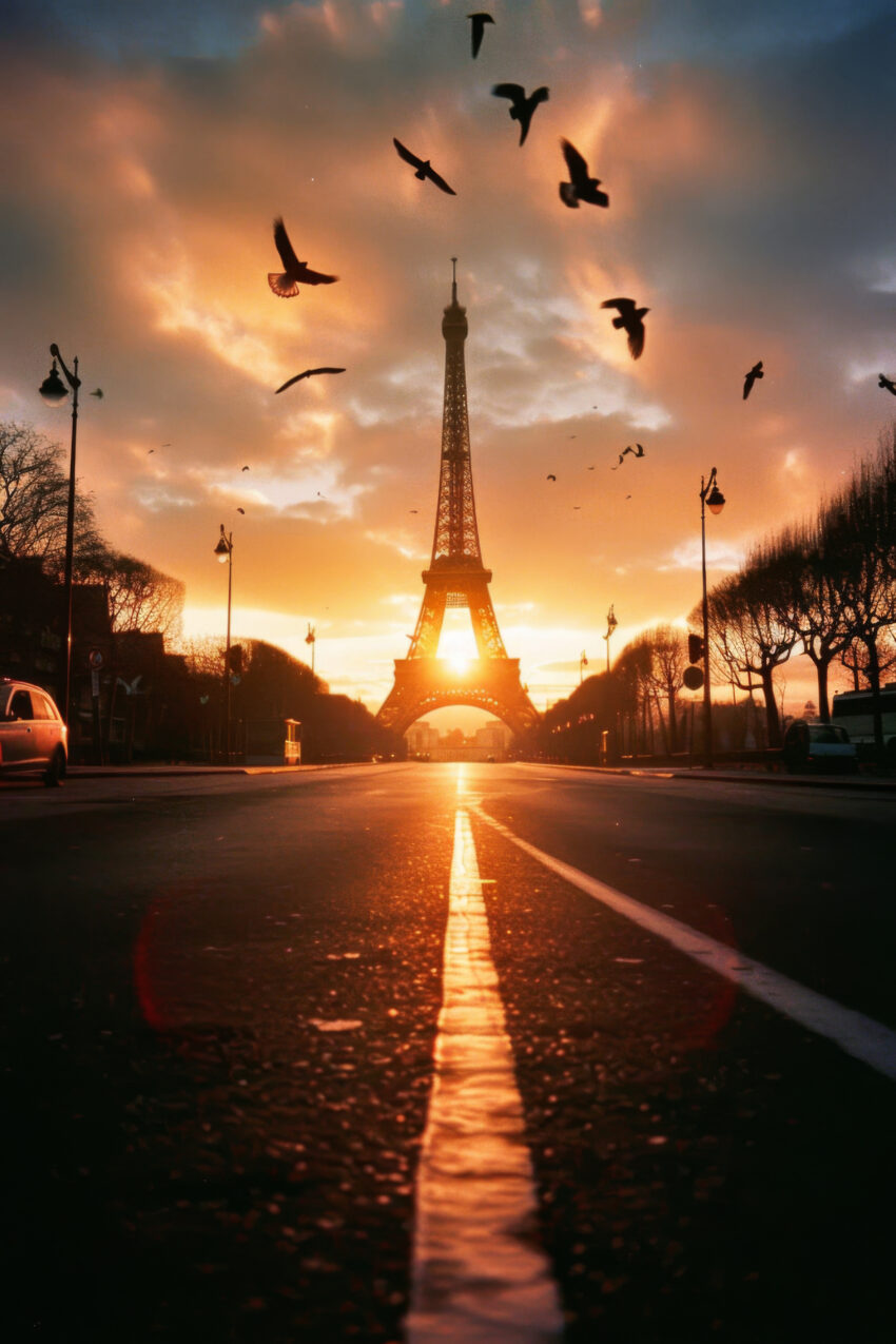 Fotografie Poster Eiffelturm Sonnenuntergang urban warm