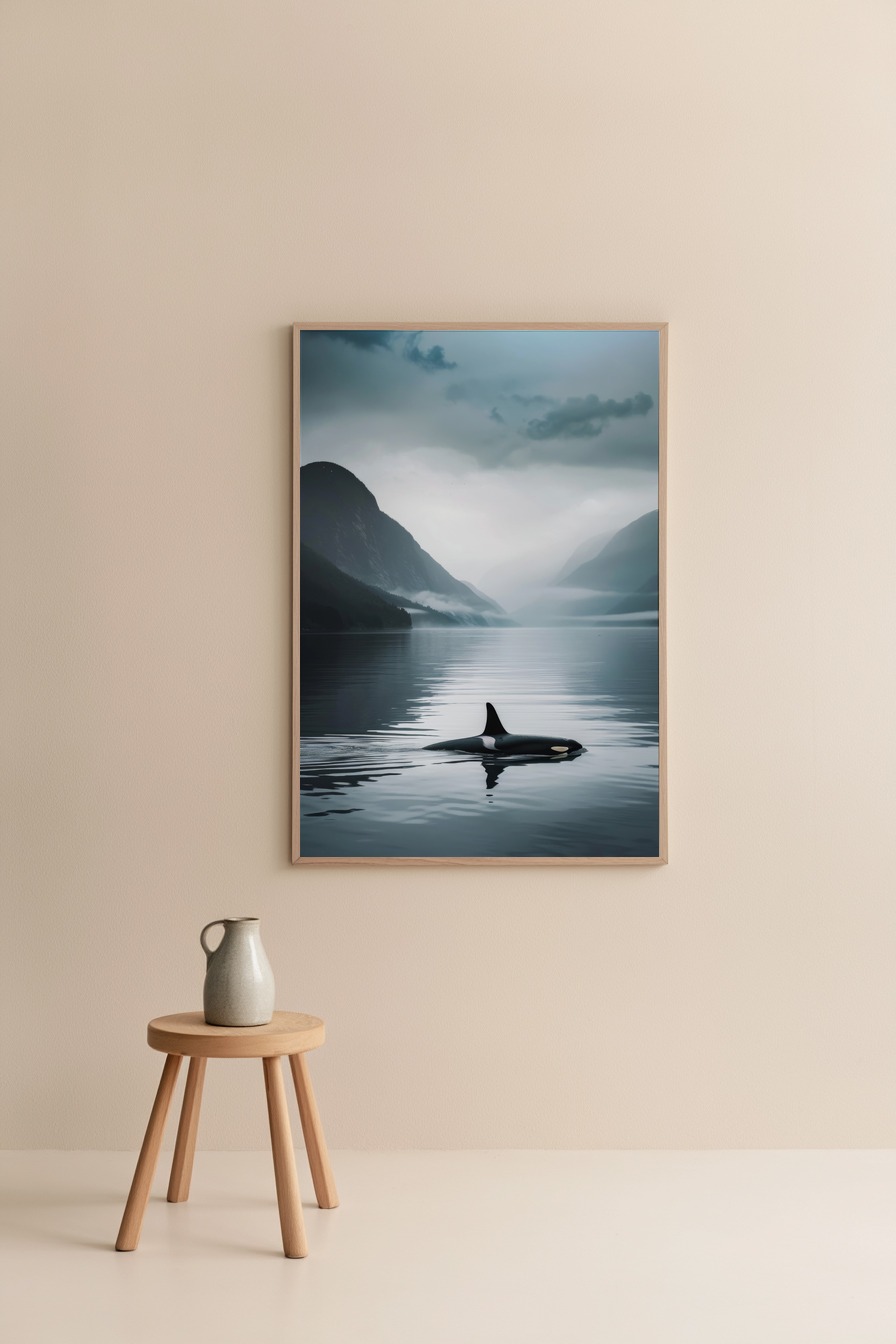 Fotografie Poster Orca Wasseroberfläche ruhig blau grau