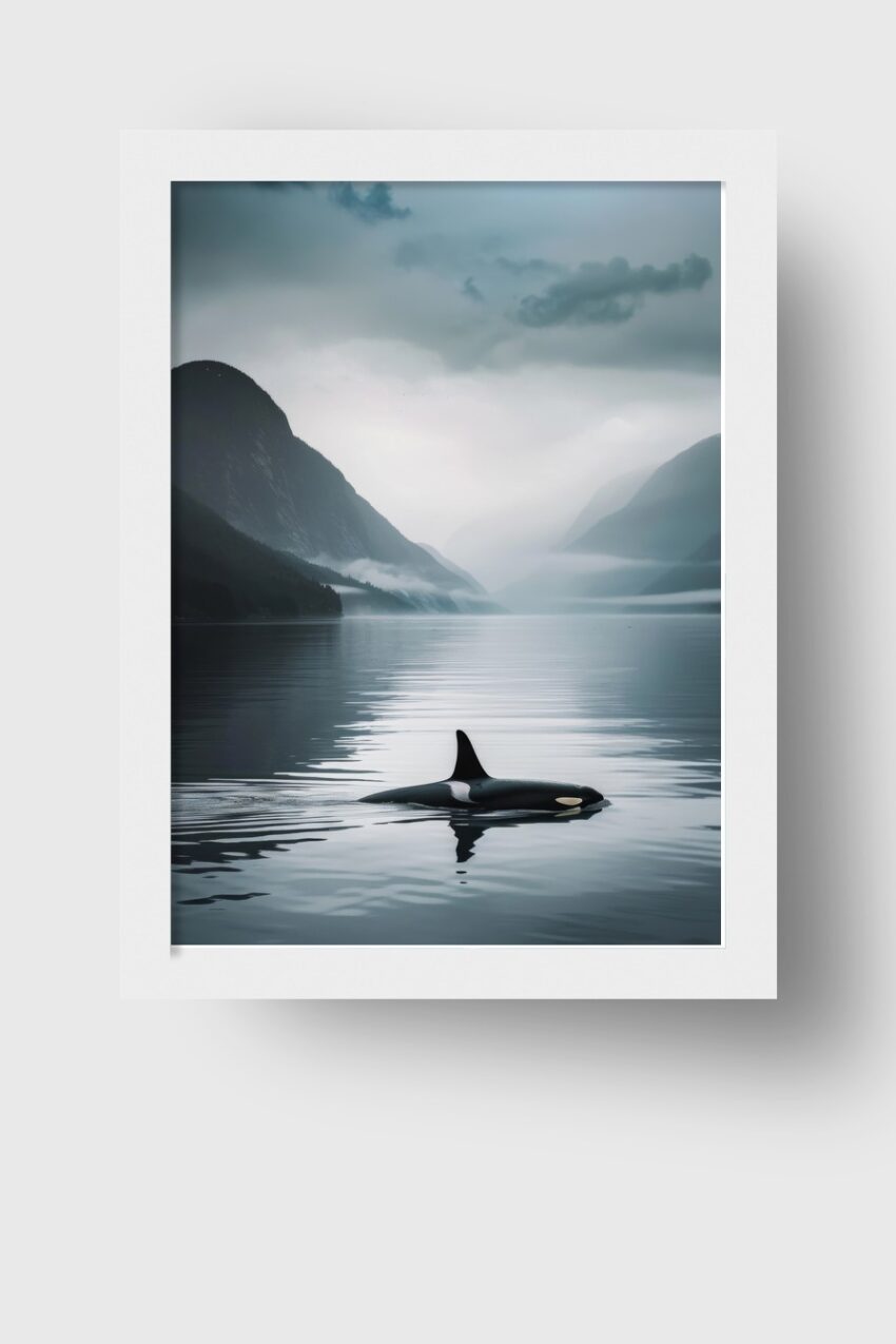 Fotografie Poster Orca Wasseroberfläche ruhig blau grau