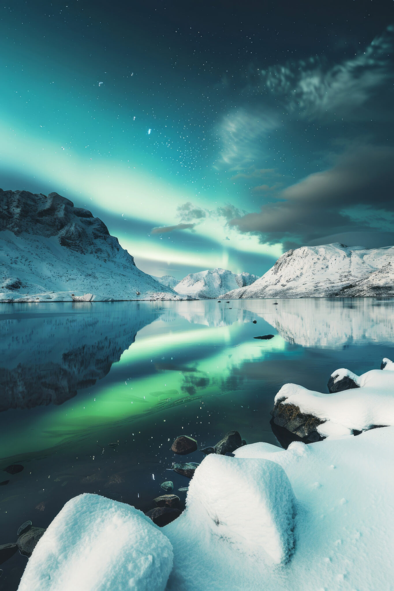 Fotografie Poster Nordlicht Spiegelung grün blau Nacht Schnee