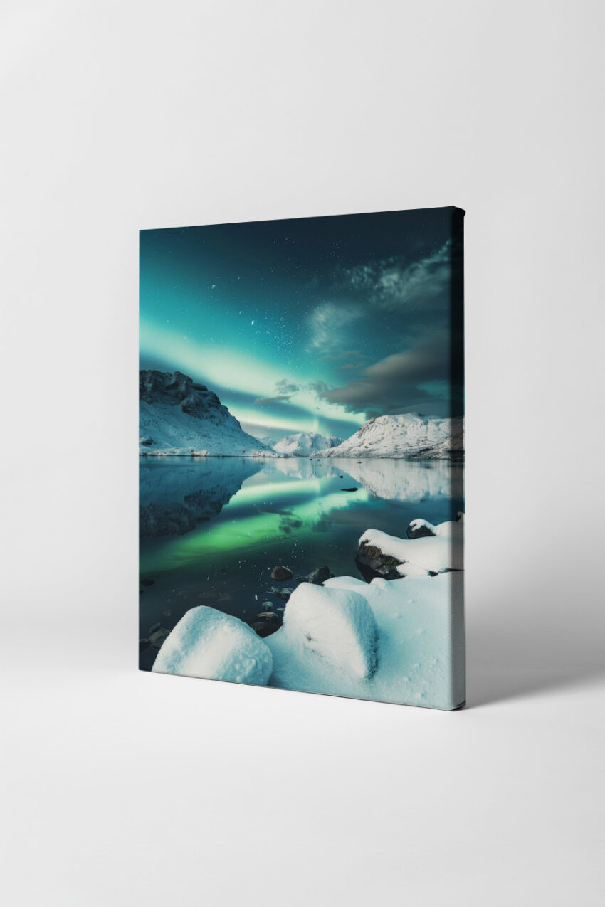 Fotografie Poster Nordlicht Spiegelung grün blau Nacht Schnee