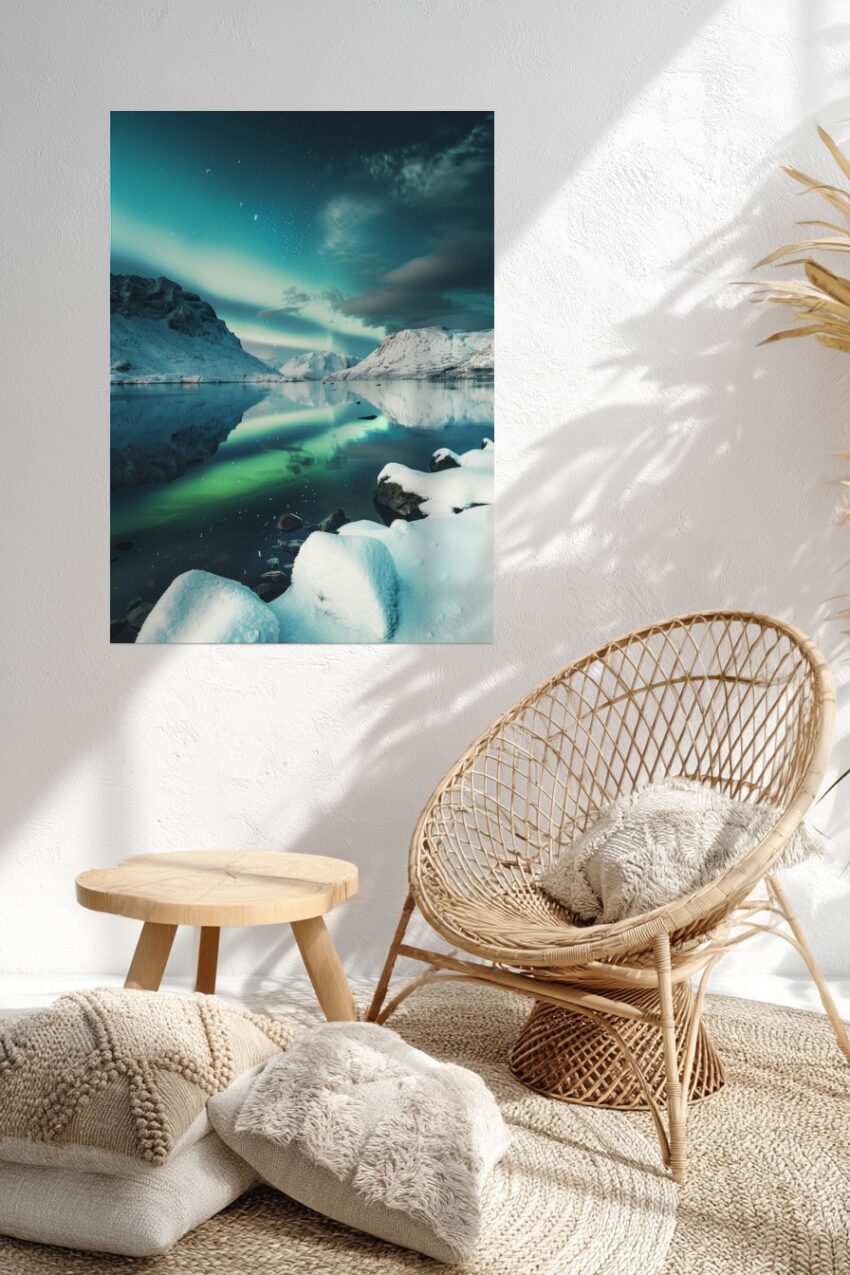 Fotografie Poster Nordlicht Spiegelung grün blau Nacht Schnee