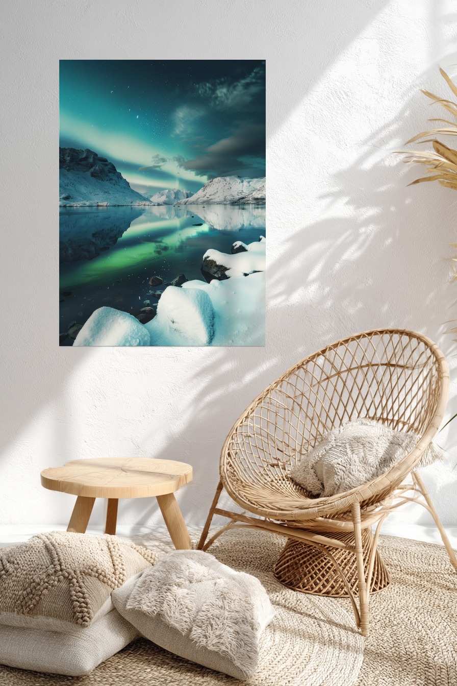 Fotografie Poster Nordlicht Spiegelung grün blau Nacht Schnee