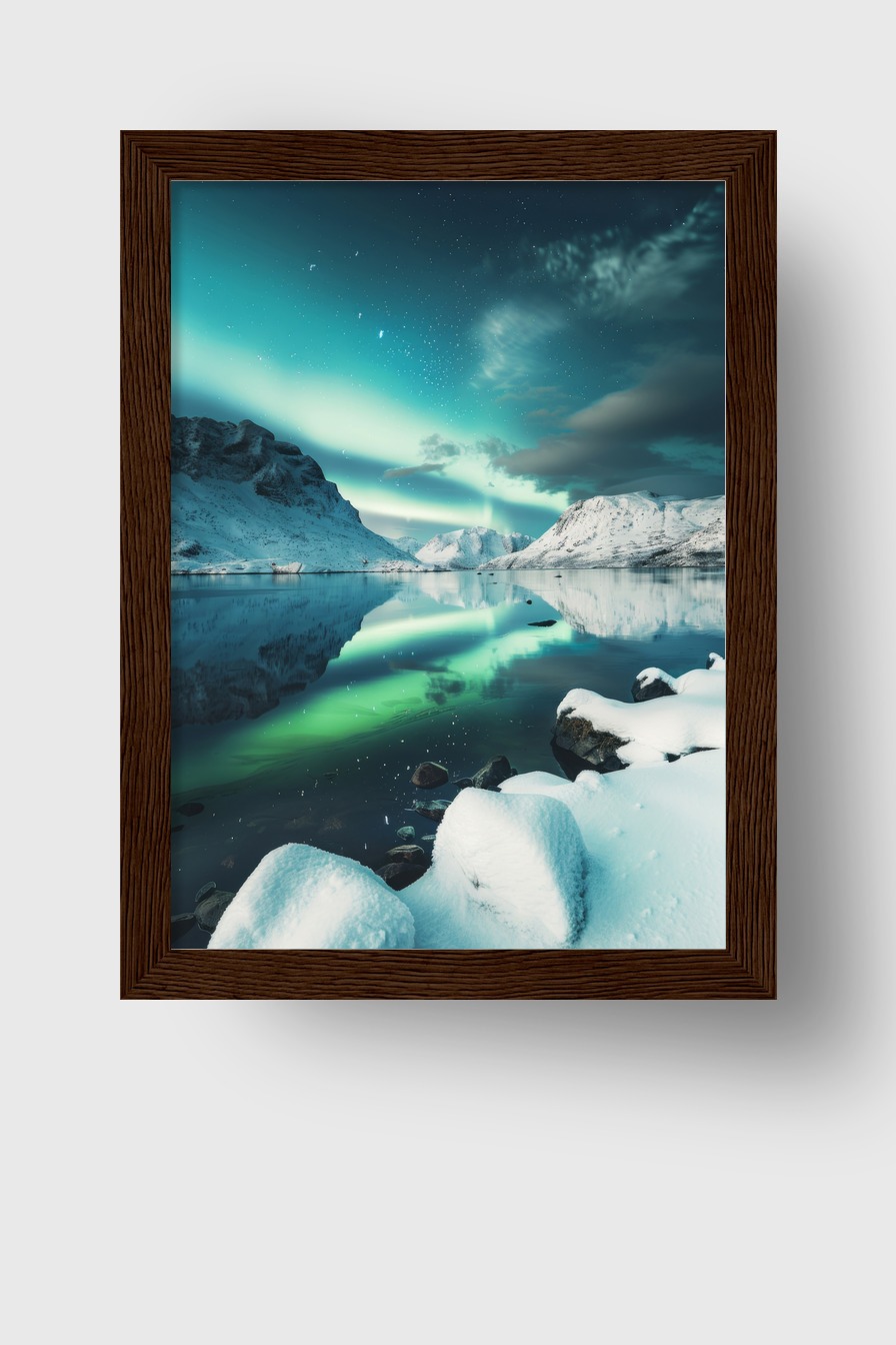 Fotografie Poster Nordlicht Spiegelung grün blau Nacht Schnee