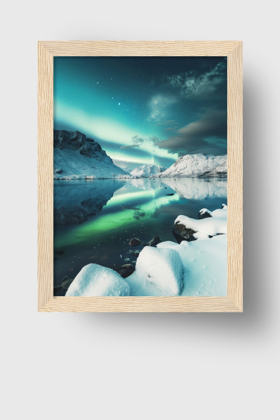 Fotografie Poster Nordlicht Spiegelung grün blau Nacht Schnee