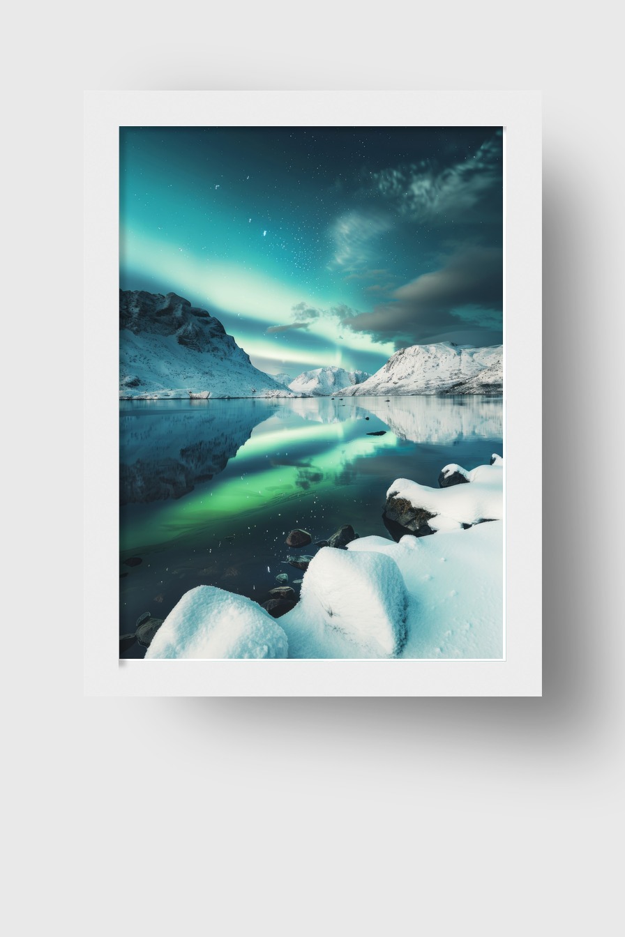 Fotografie Poster Nordlicht Spiegelung grün blau Nacht Schnee