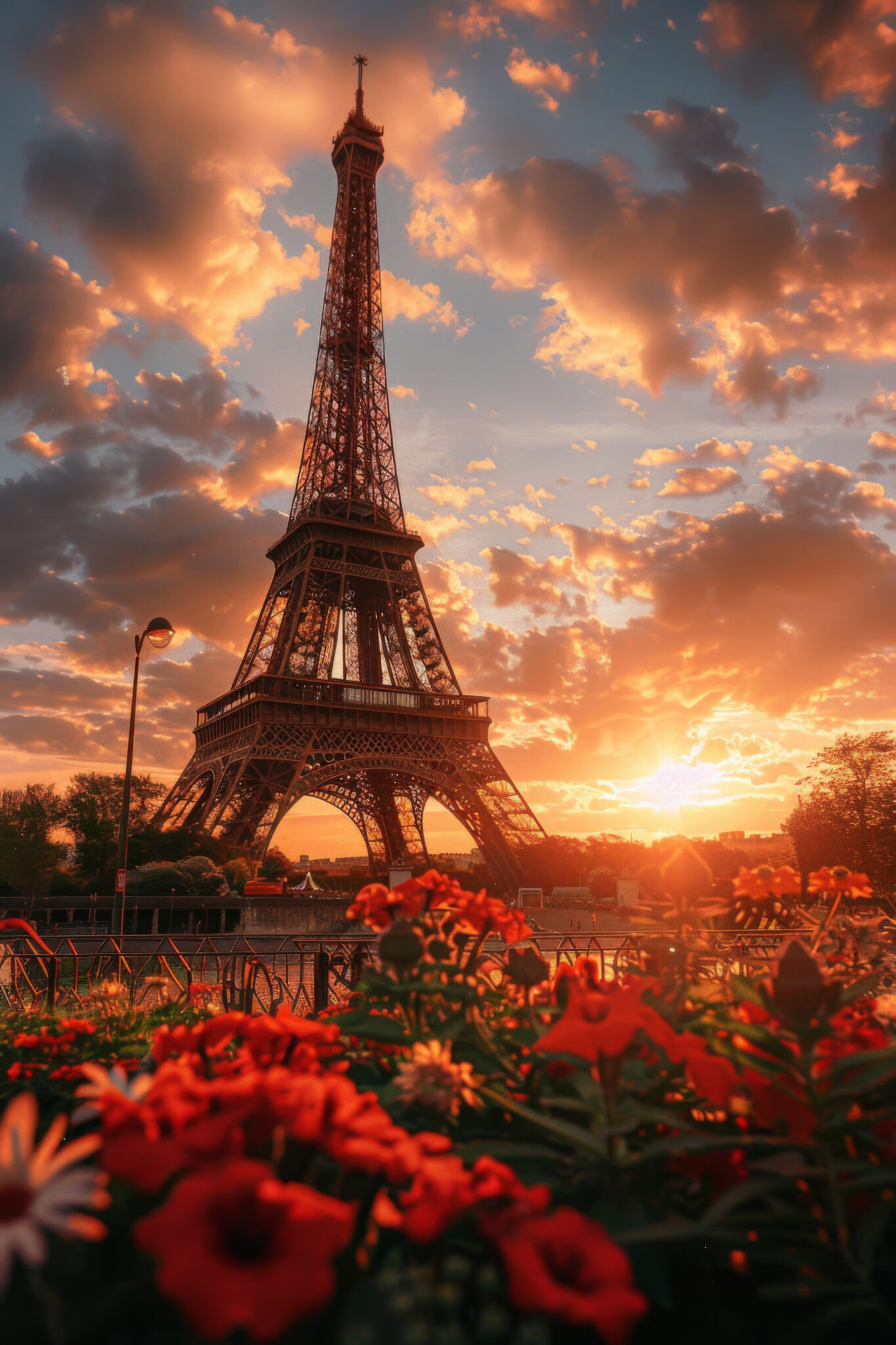 Fotografie Poster Eiffelturm Blumen rot Sonnenuntergang
