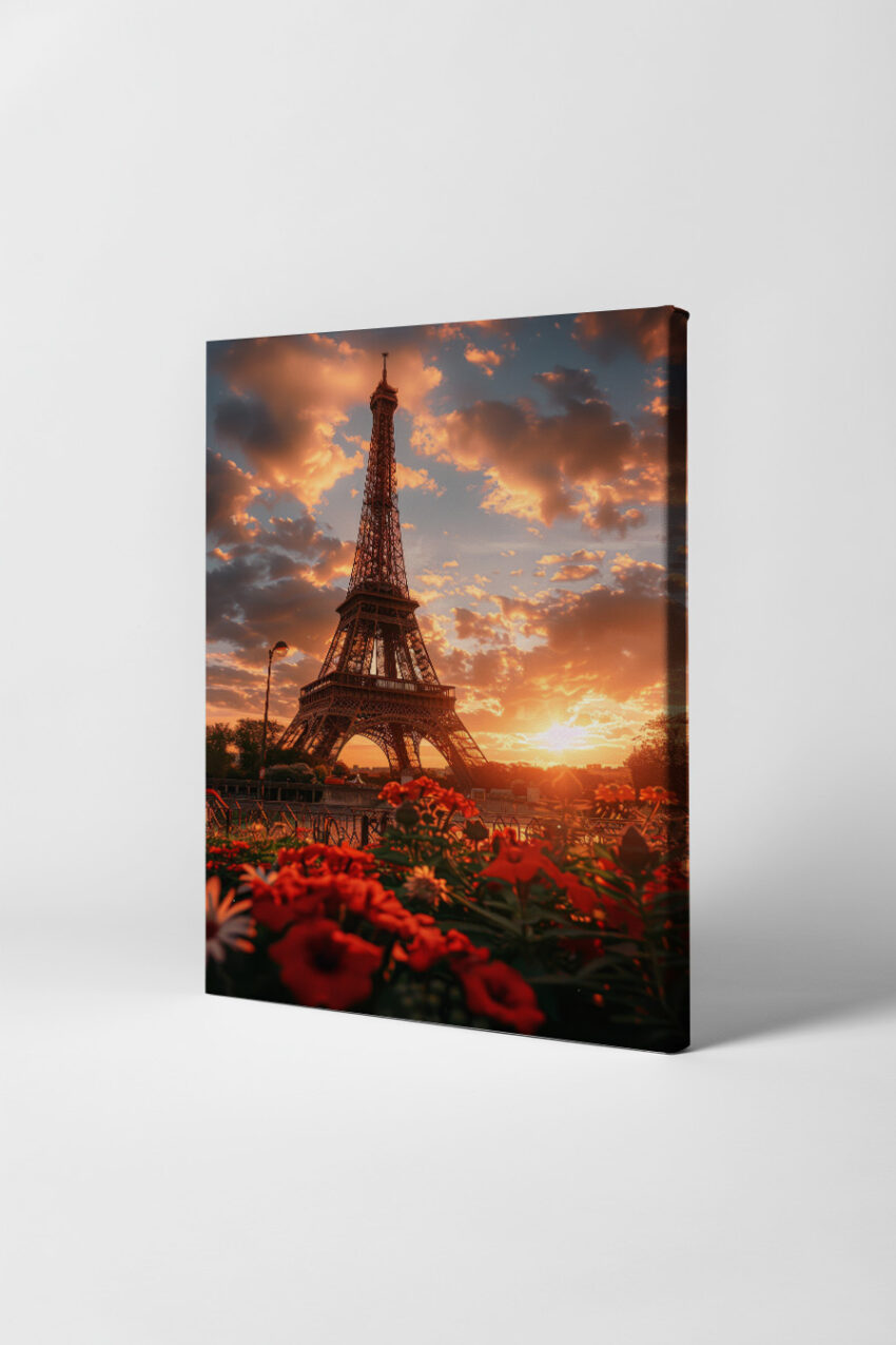 Fotografie Poster Eiffelturm Blumen rot Sonnenuntergang