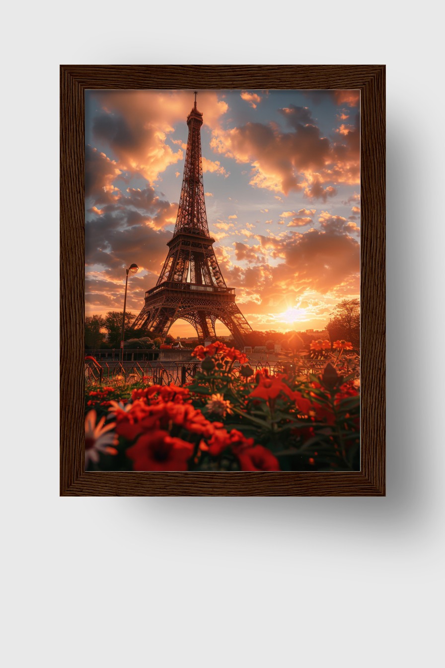 Fotografie Poster Eiffelturm Blumen rot Sonnenuntergang