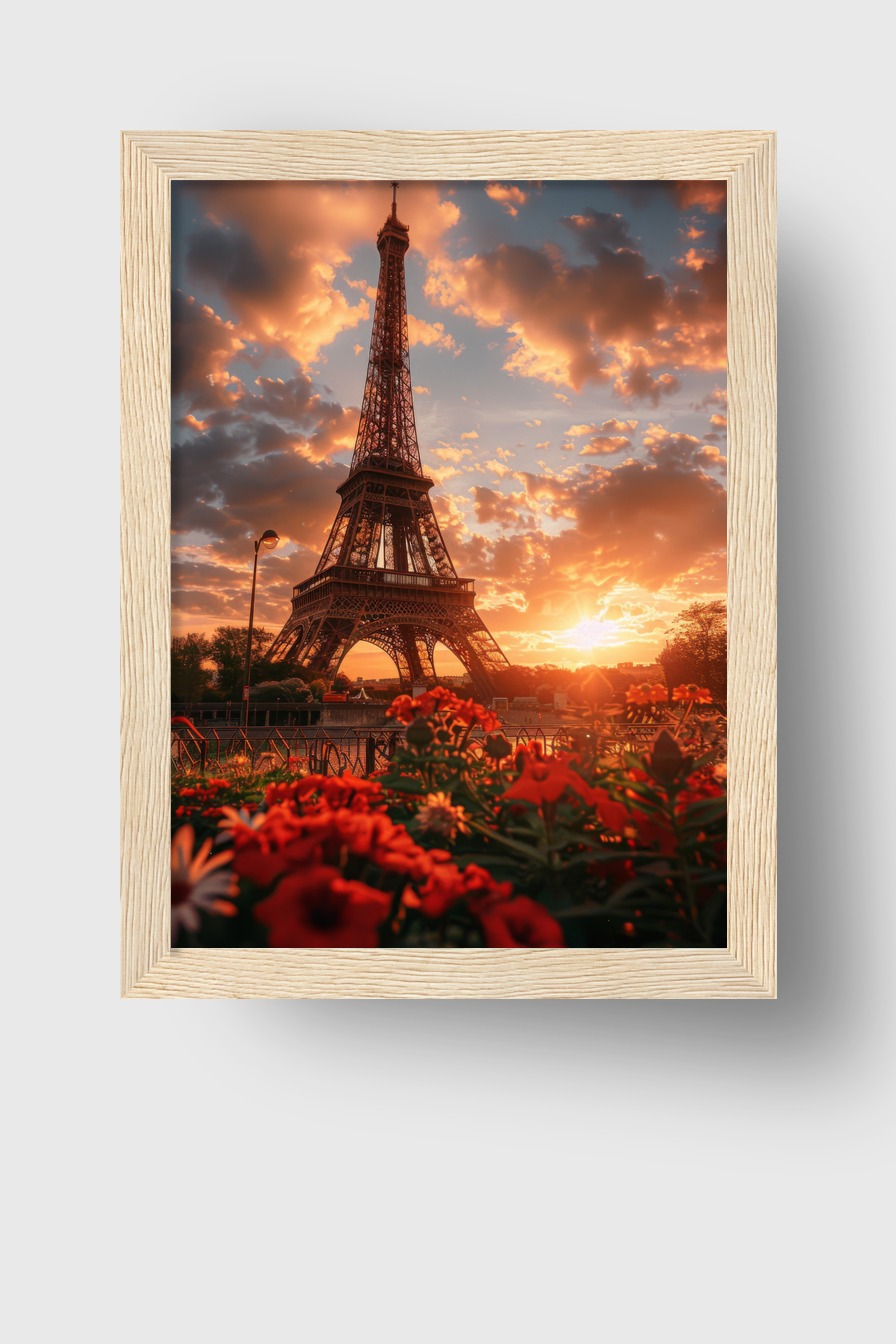 Fotografie Poster Eiffelturm Blumen rot Sonnenuntergang