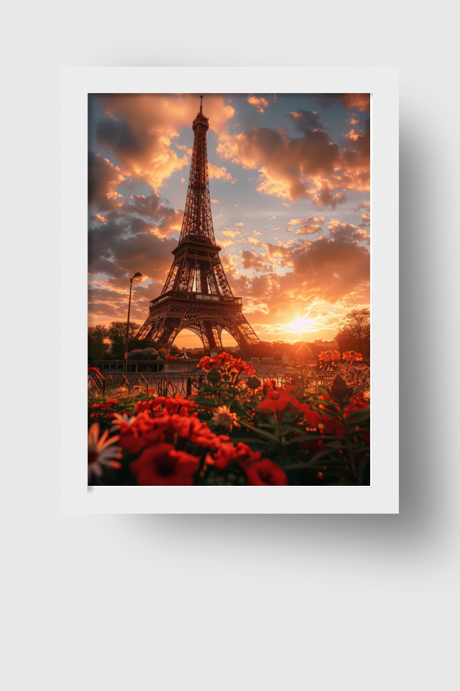 Fotografie Poster Eiffelturm Blumen rot Sonnenuntergang