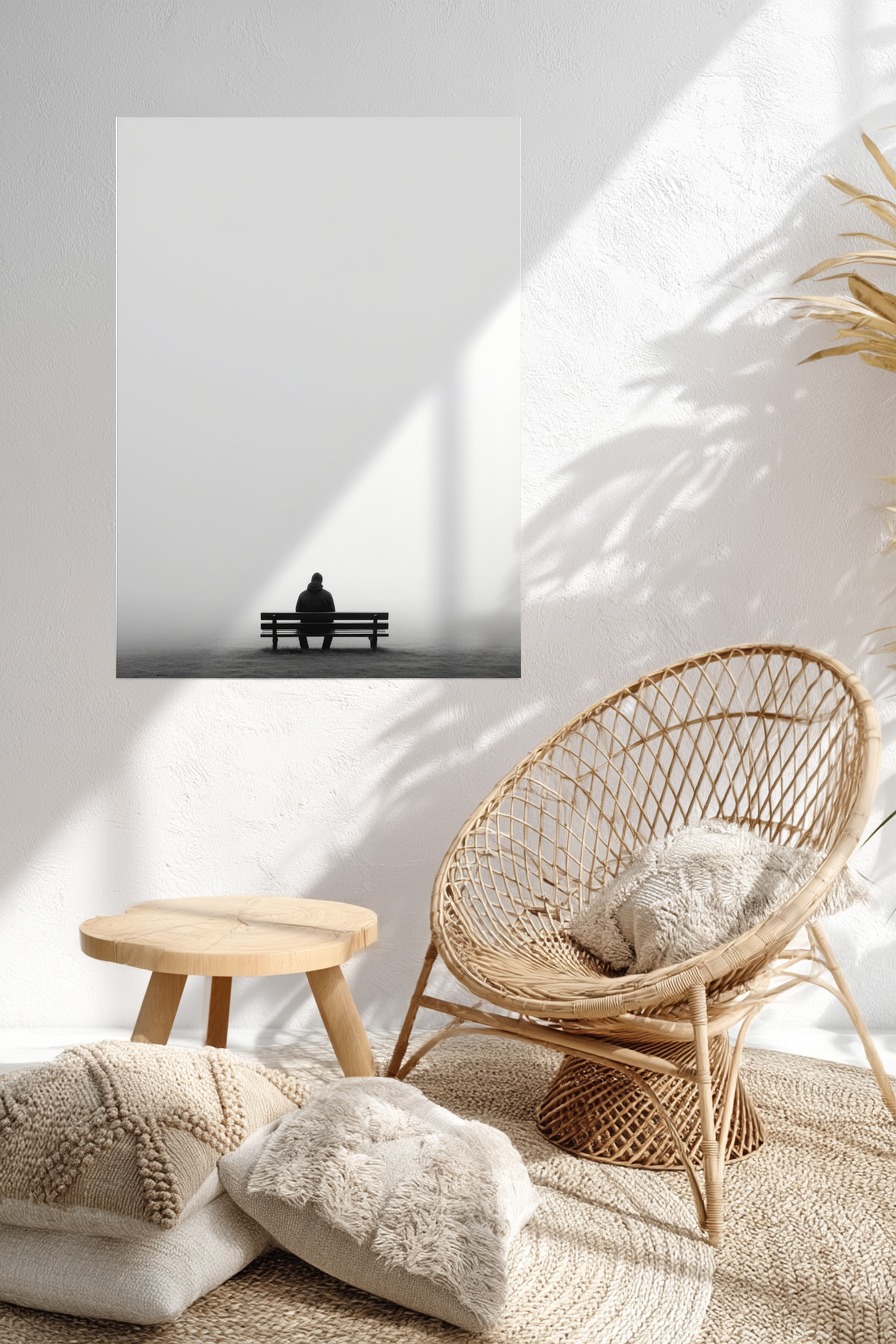 Fotografie Poster Mann Bank schwarz-weiß Nebel