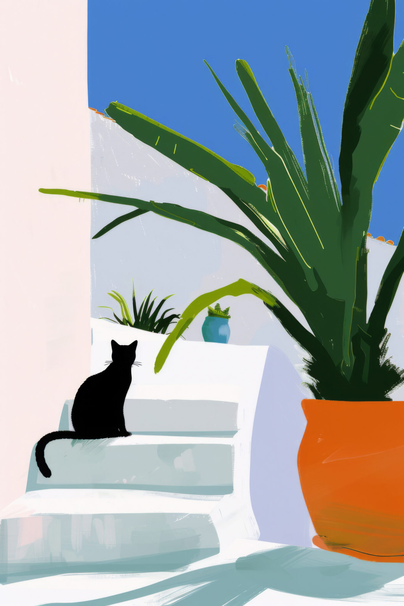 Digitale Kunst Poster Katze Treppe minimalistisch schwarz weiß