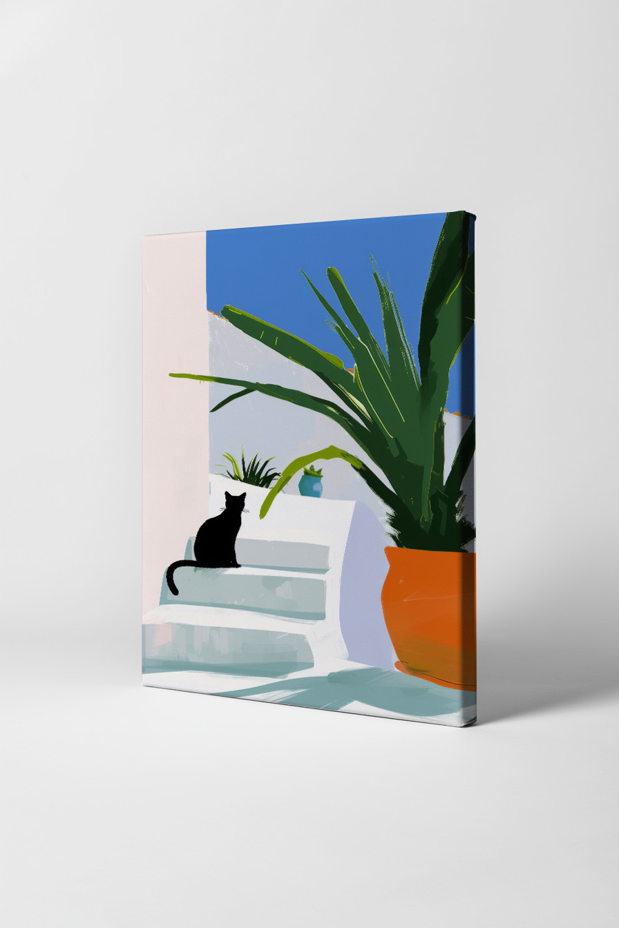 Digitale Kunst Poster Katze Treppe minimalistisch schwarz weiß