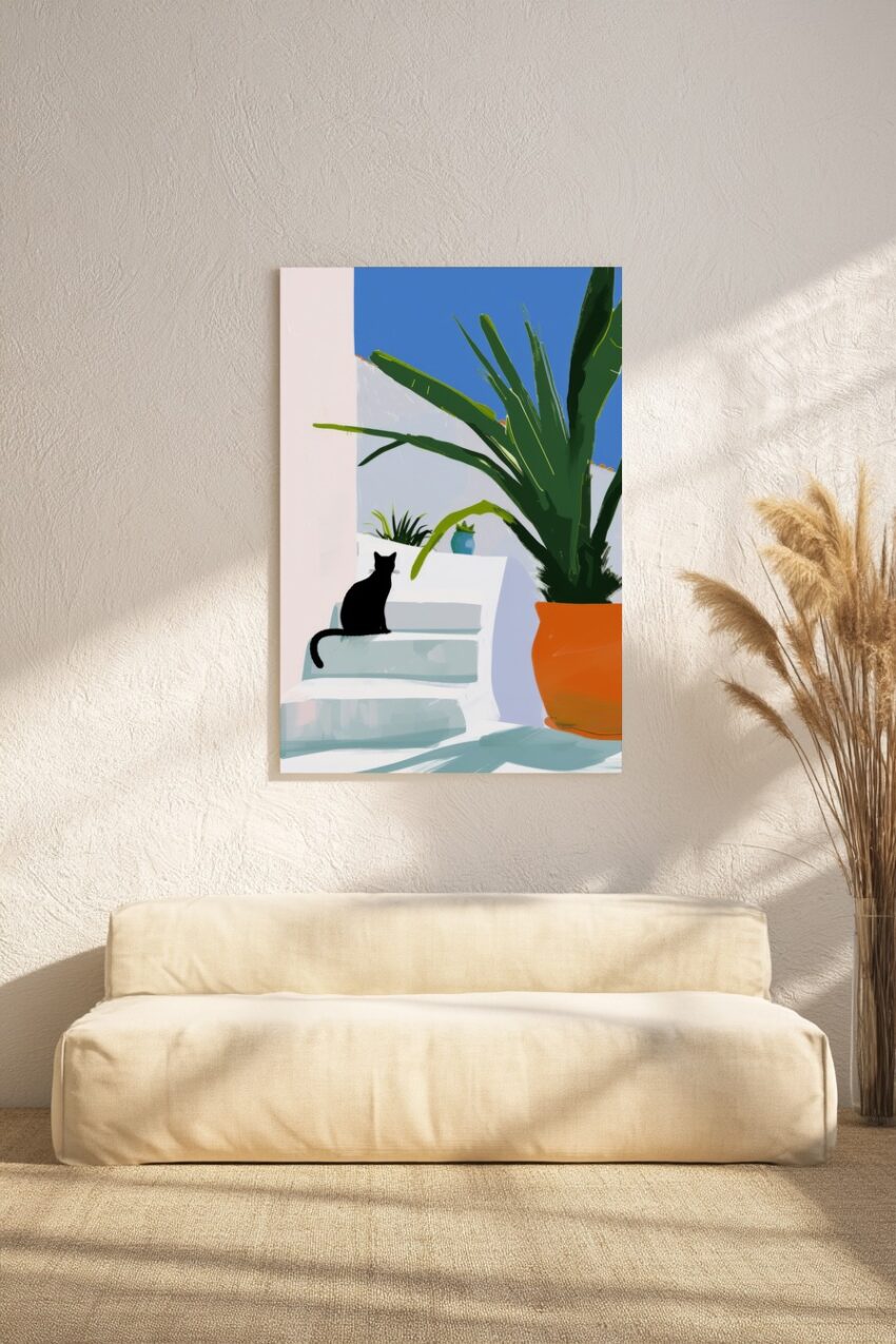 Digitale Kunst Poster Katze Treppe minimalistisch schwarz weiß