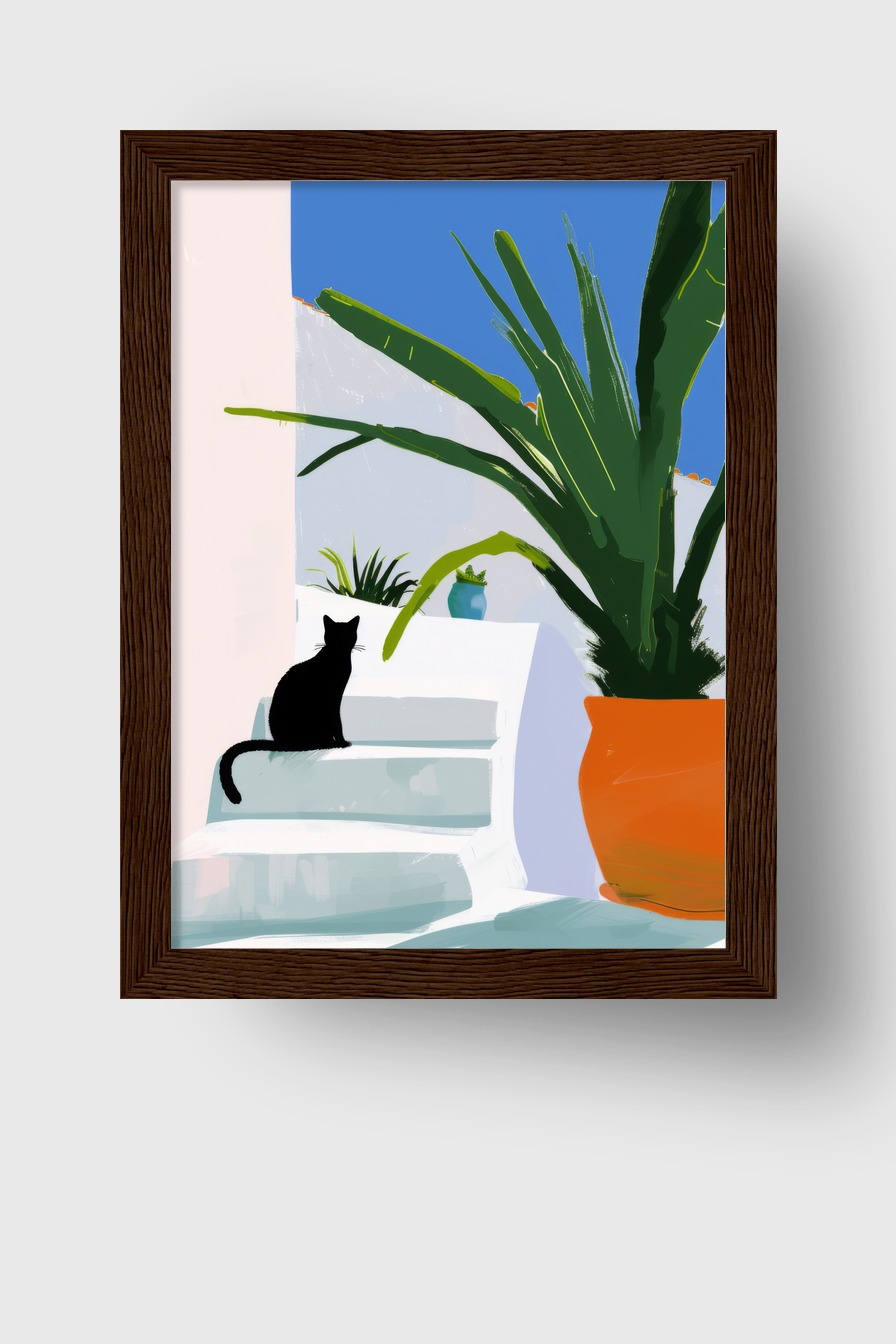 Digitale Kunst Poster Katze Treppe minimalistisch schwarz weiß