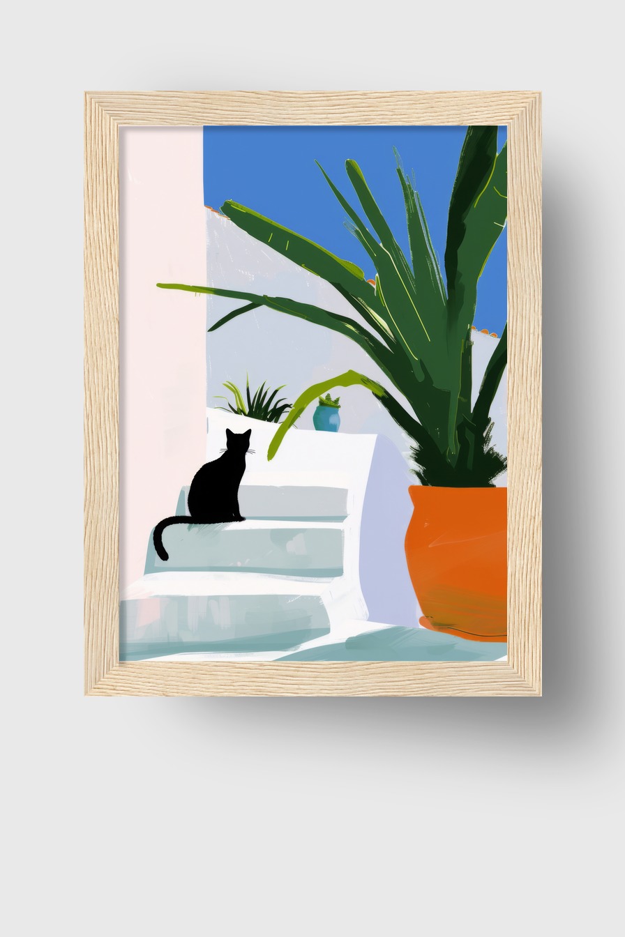 Digitale Kunst Poster Katze Treppe minimalistisch schwarz weiß