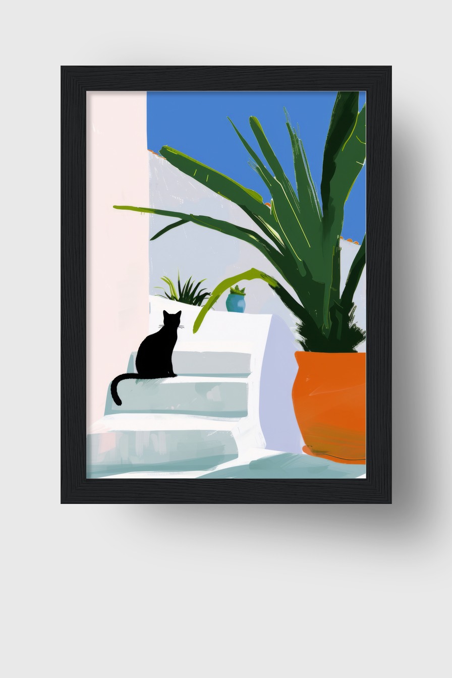 Digitale Kunst Poster Katze Treppe minimalistisch schwarz weiß