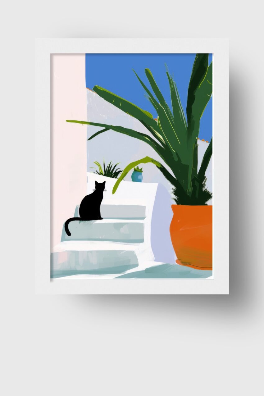 Digitale Kunst Poster Katze Treppe minimalistisch schwarz weiß