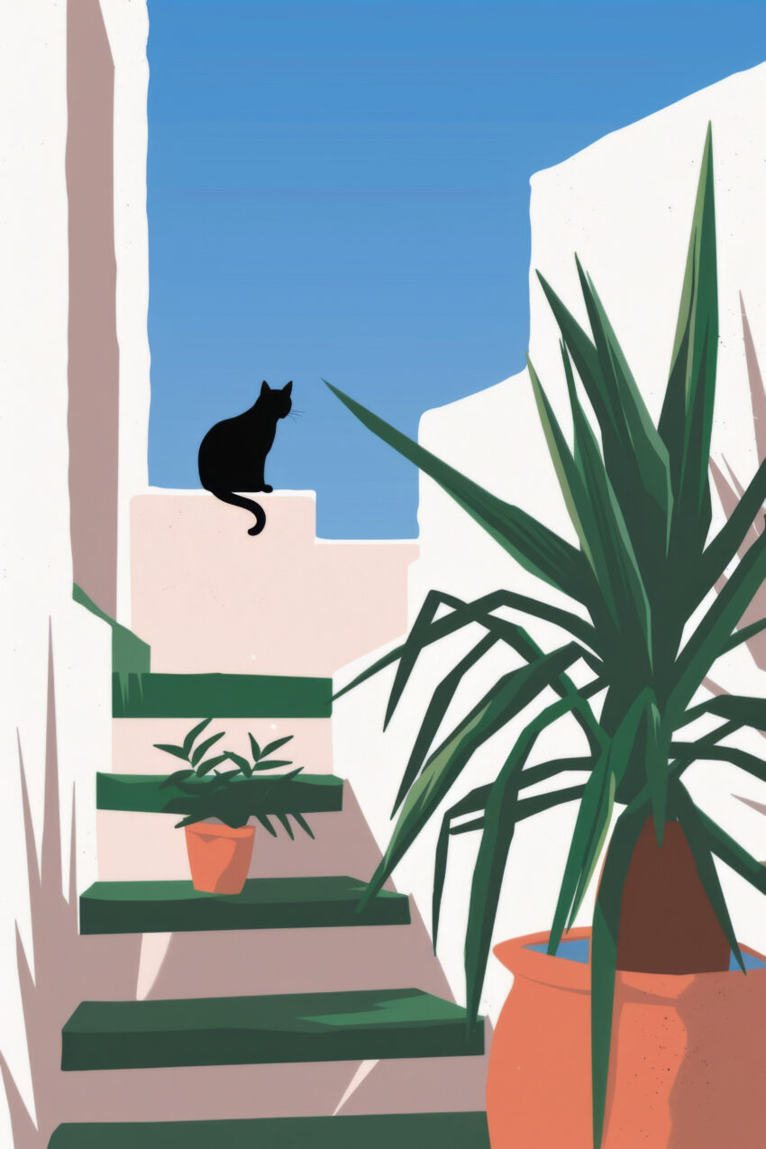 Illustration Poster Katze Tritt minimalistisch schwarz weiß grün