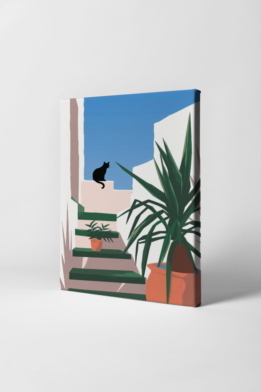 Illustration Poster Katze Tritt minimalistisch schwarz weiß grün