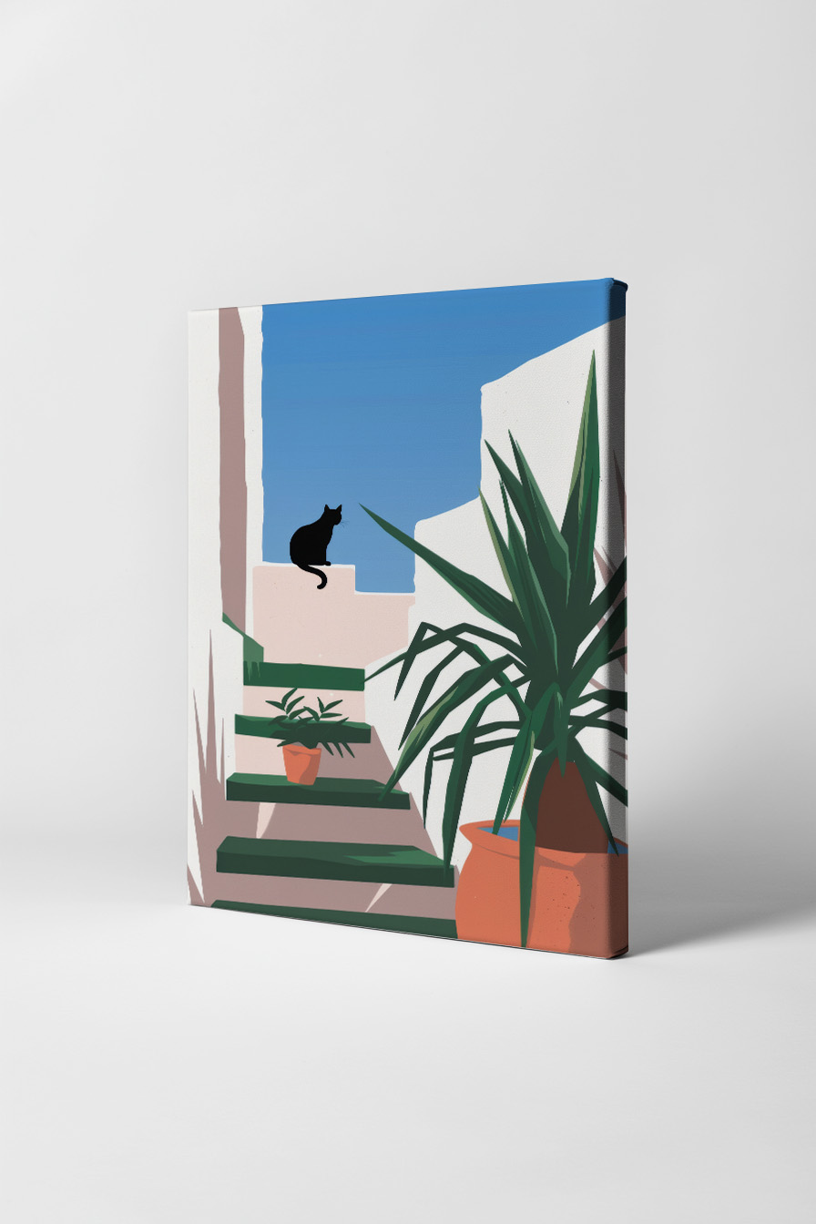 Illustration Poster Katze Tritt minimalistisch schwarz weiß grün