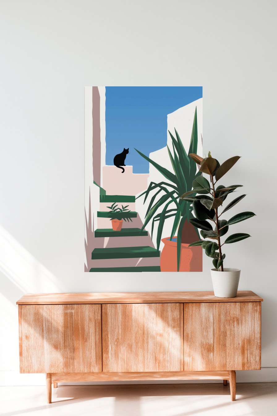 Illustration Poster Katze Tritt minimalistisch schwarz weiß grün