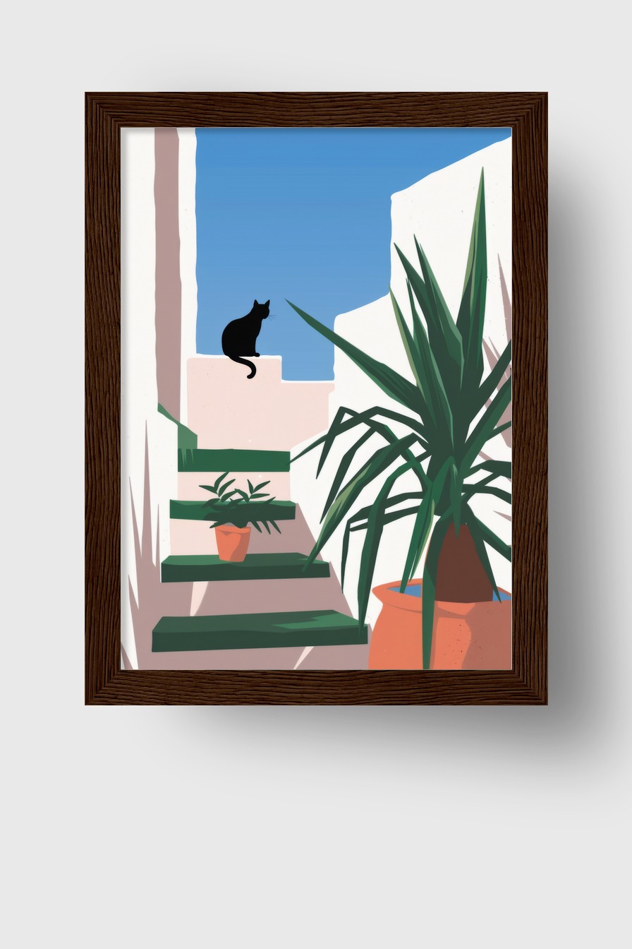 Illustration Poster Katze Tritt minimalistisch schwarz weiß grün