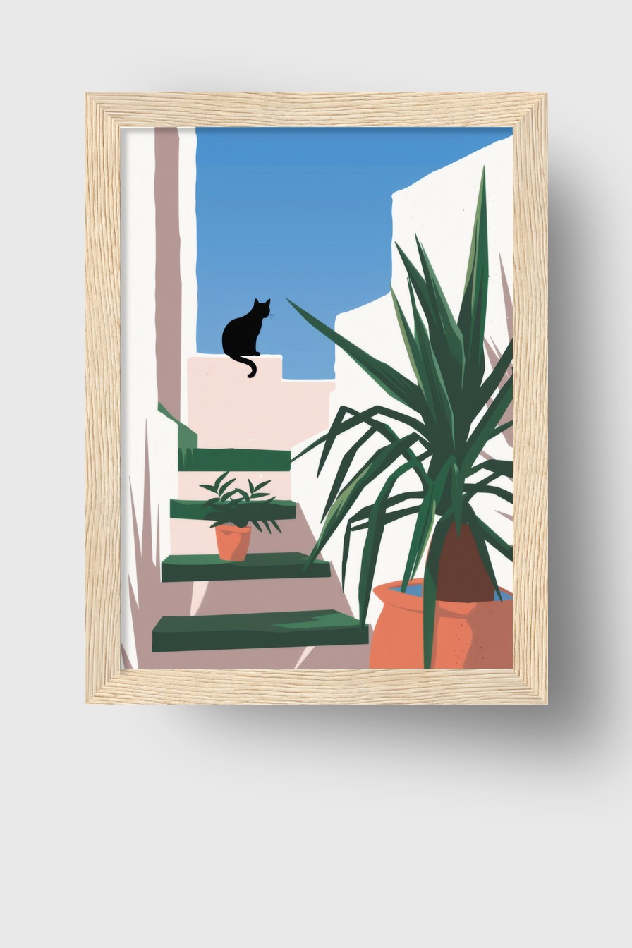 Illustration Poster Katze Tritt minimalistisch schwarz weiß grün