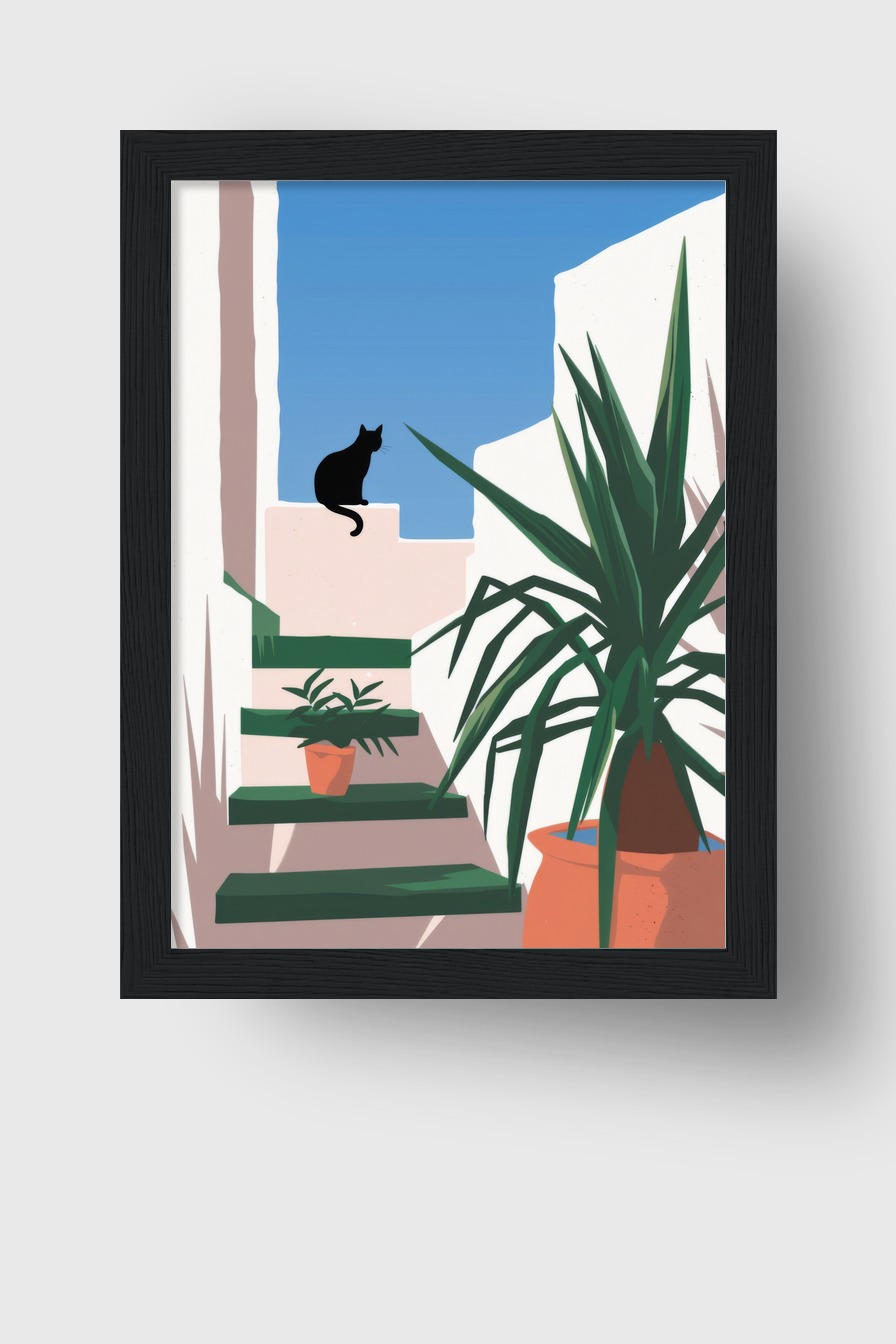 Illustration Poster Katze Tritt minimalistisch schwarz weiß grün