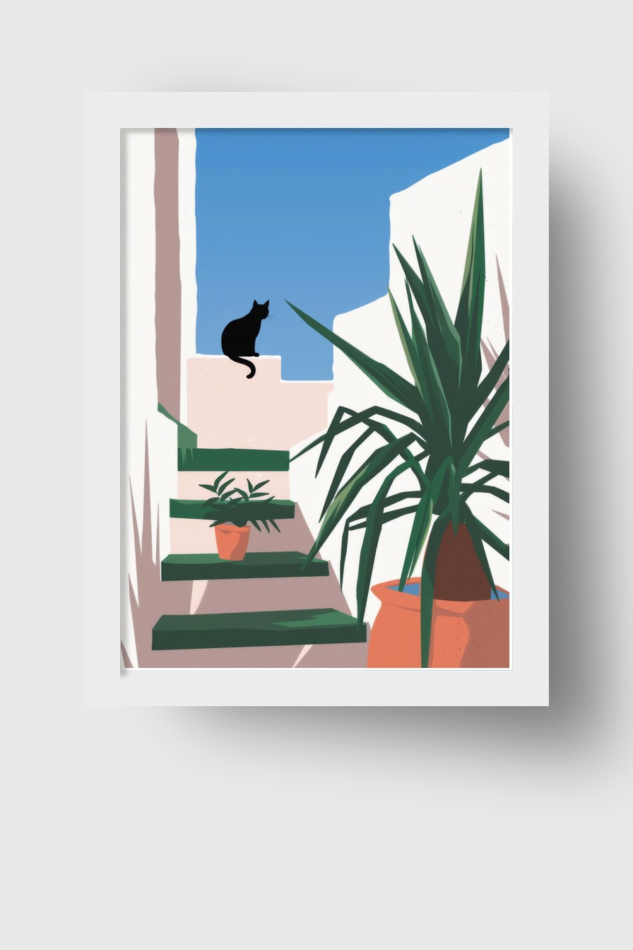 Illustration Poster Katze Tritt minimalistisch schwarz weiß grün