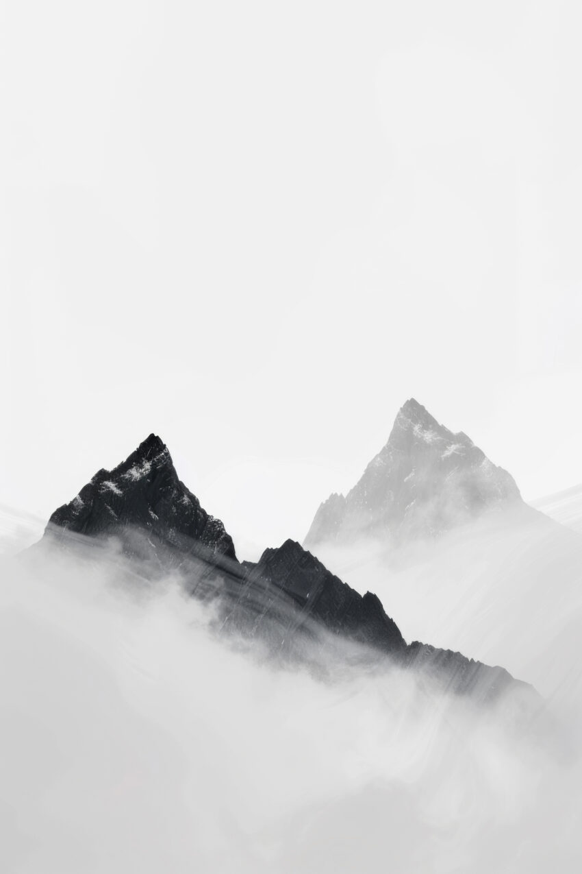 Fotografie Poster Bergspitze Nebel schwarz-weiß minimalistisch