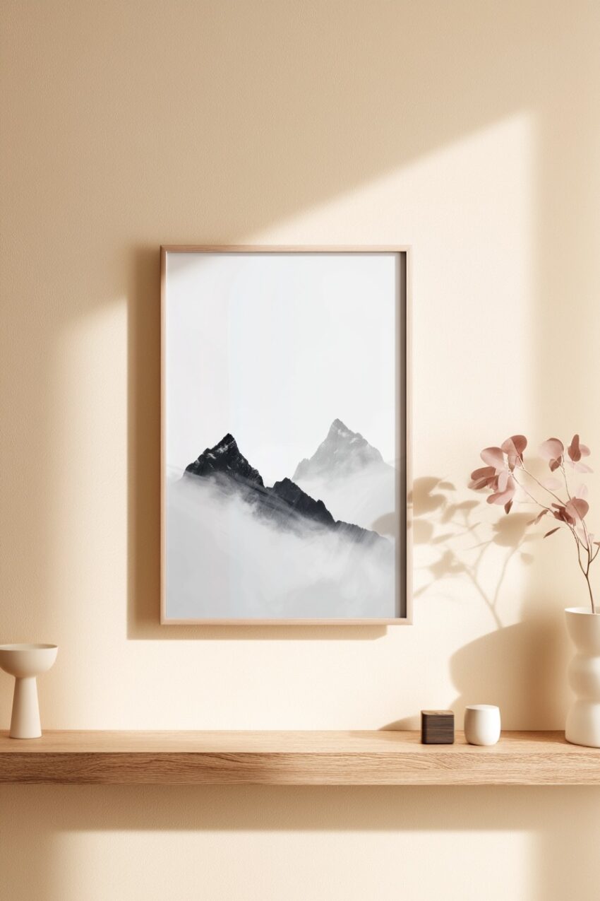 Fotografie Poster Bergspitze Nebel schwarz-weiß minimalistisch