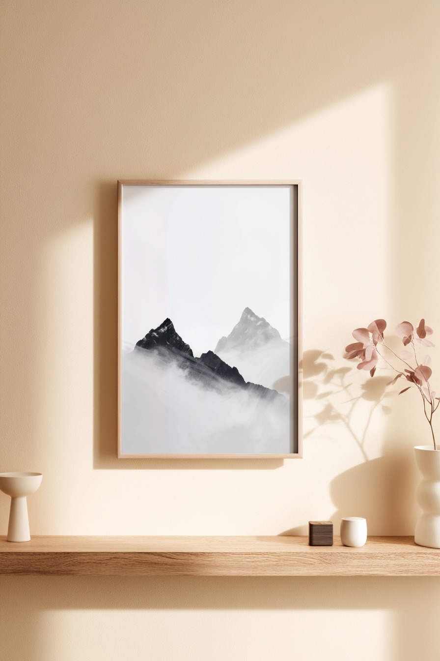 Fotografie Poster Bergspitze Nebel schwarz-weiß minimalistisch