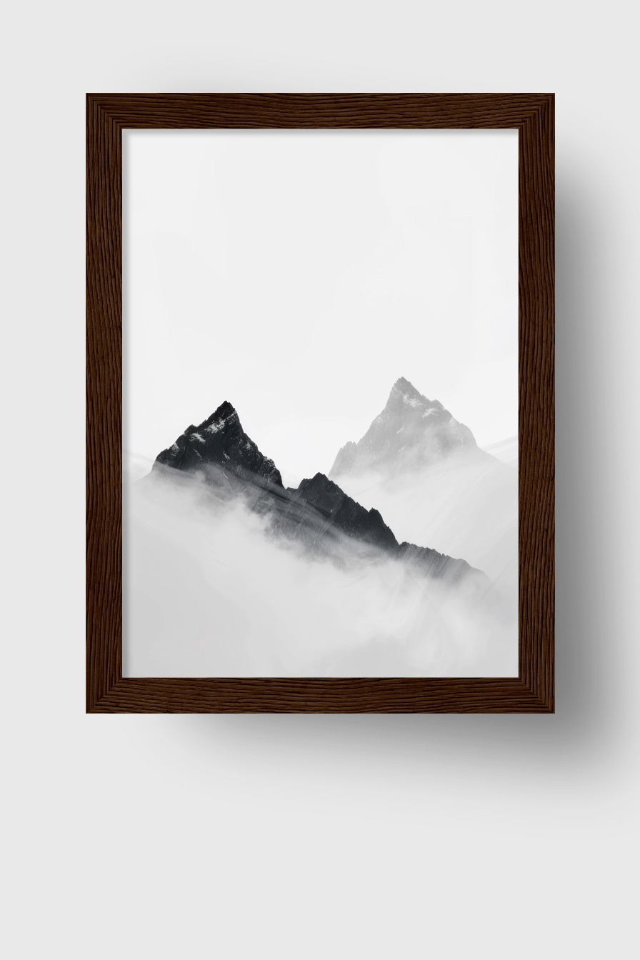 Fotografie Poster Bergspitze Nebel schwarz-weiß minimalistisch