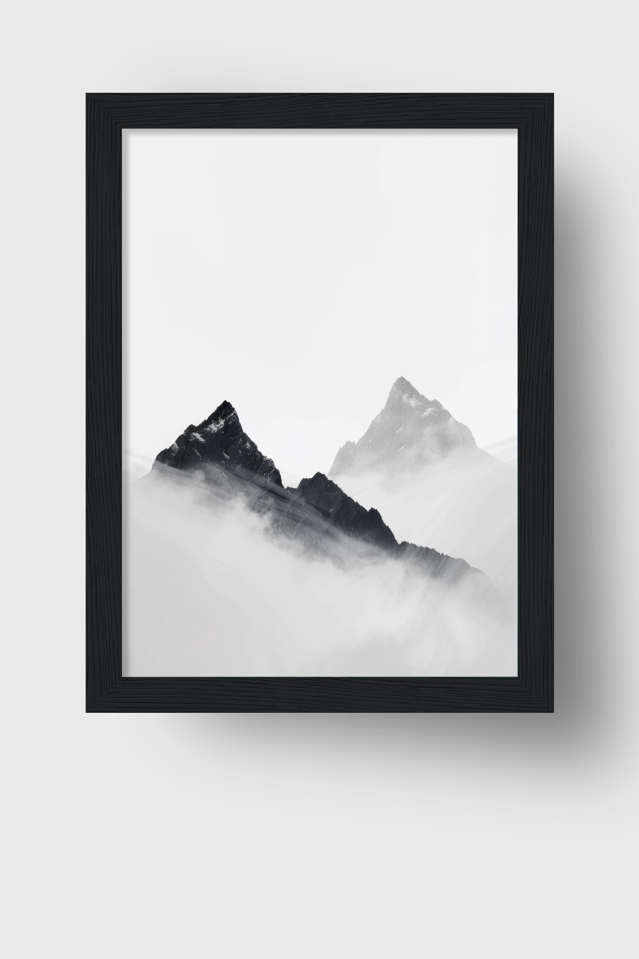 Fotografie Poster Bergspitze Nebel schwarz-weiß minimalistisch