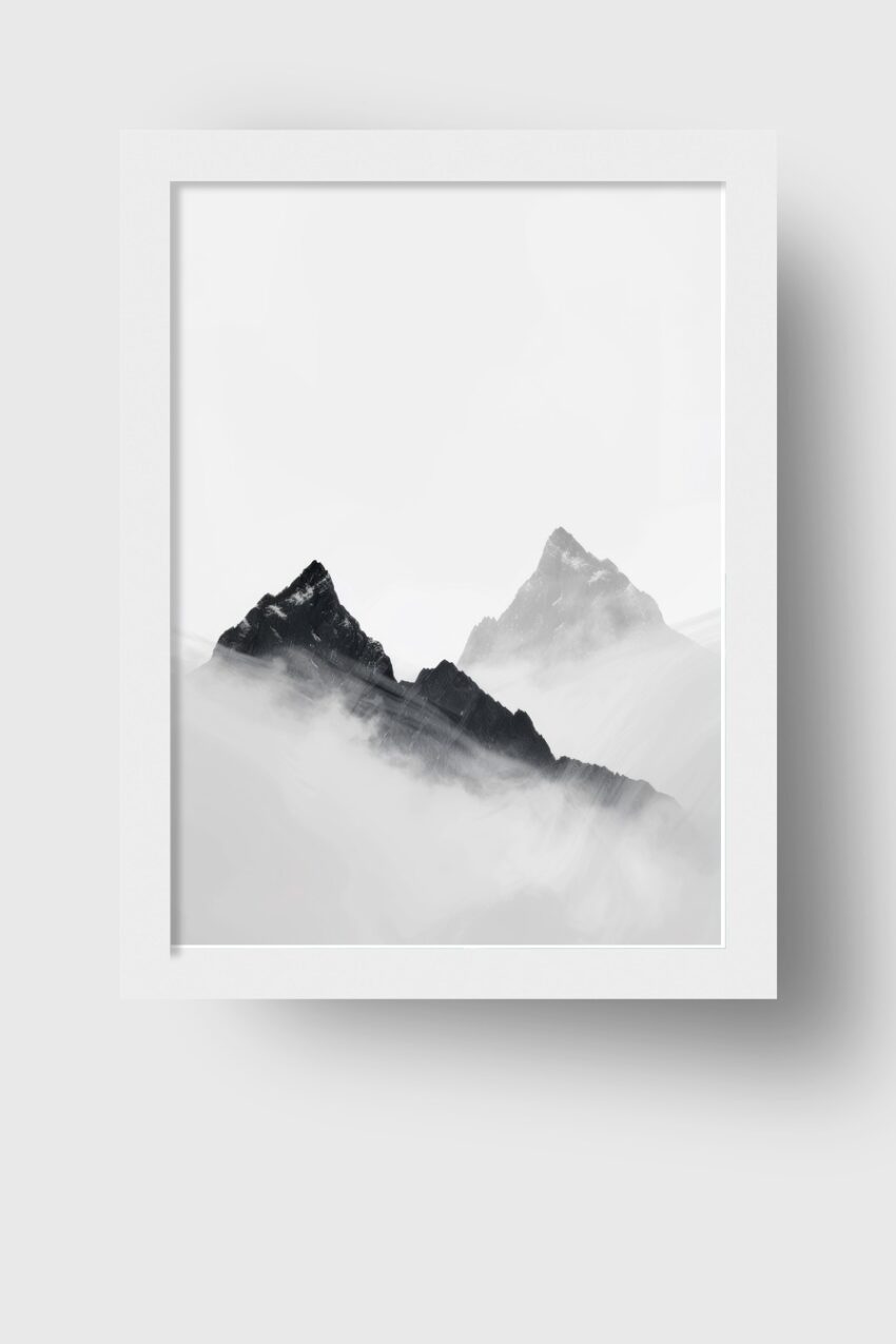 Fotografie Poster Bergspitze Nebel schwarz-weiß minimalistisch