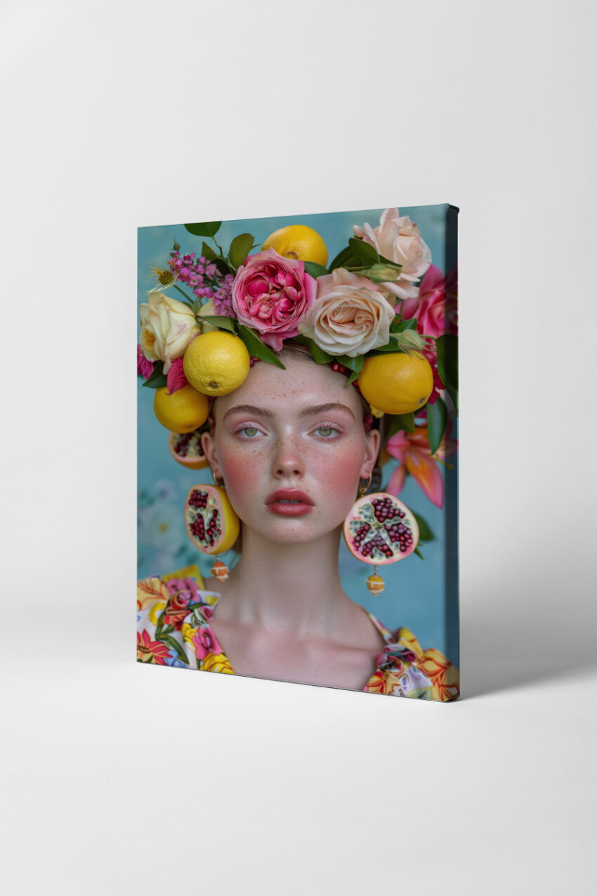 Fotografie Poster Frau Früchte Zitronen Rosen bunt