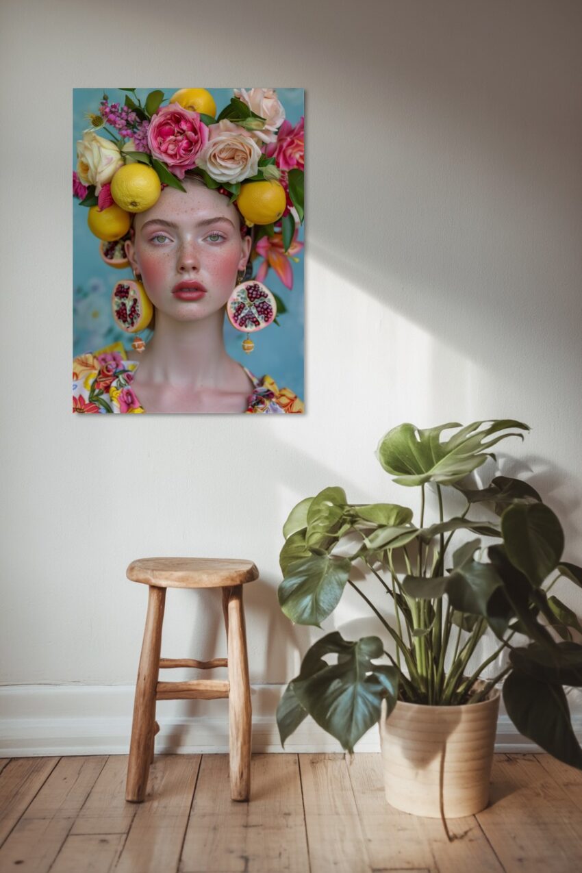 Fotografie Poster Frau Früchte Zitronen Rosen bunt