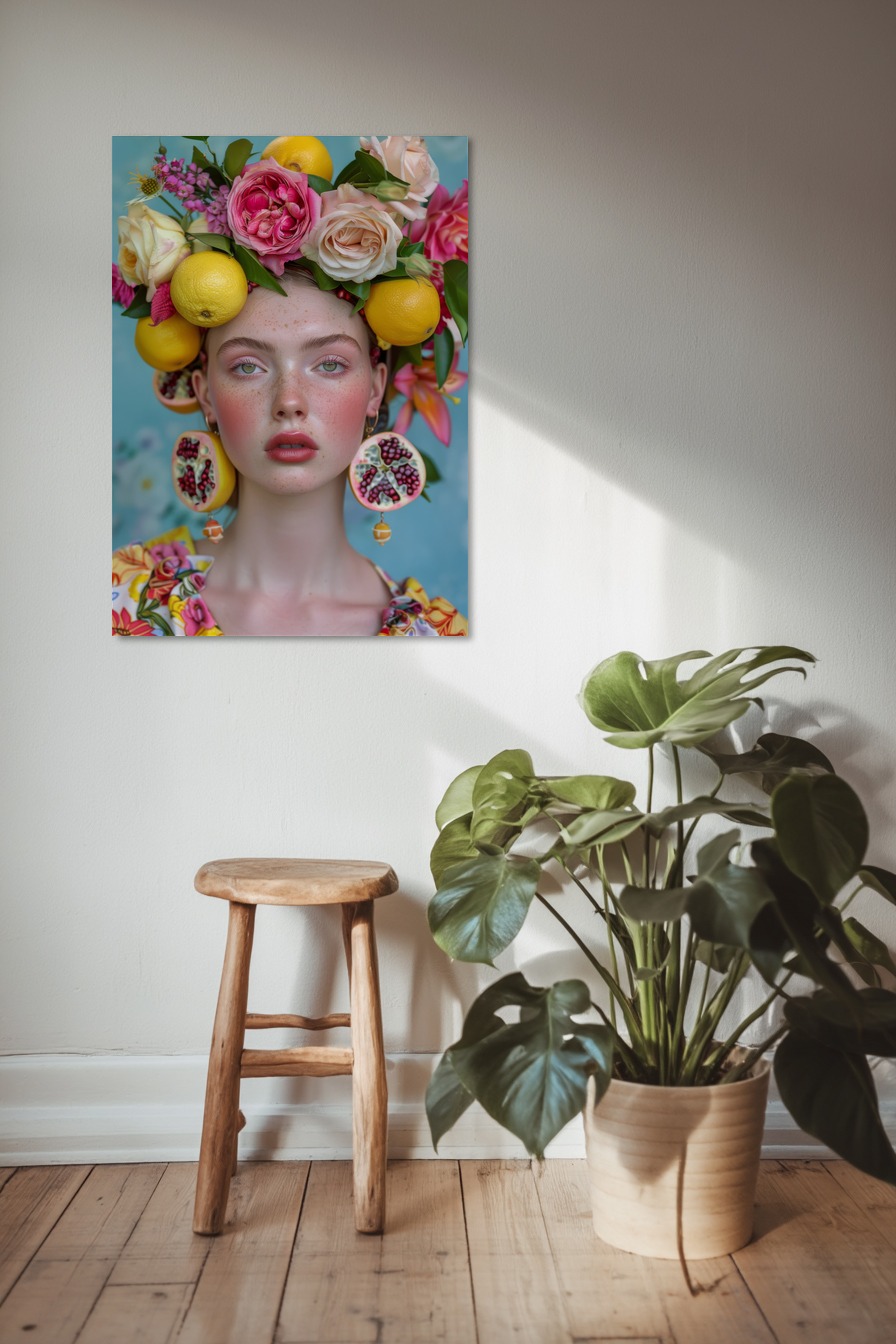Fotografie Poster Frau Früchte Zitronen Rosen bunt